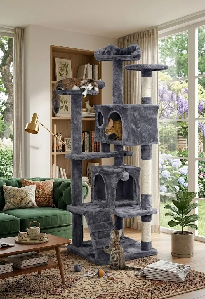 Yaheetech 54in Cat Tree Tower, 2 Caves, Kitten-Ear Perch & Scratching Posts