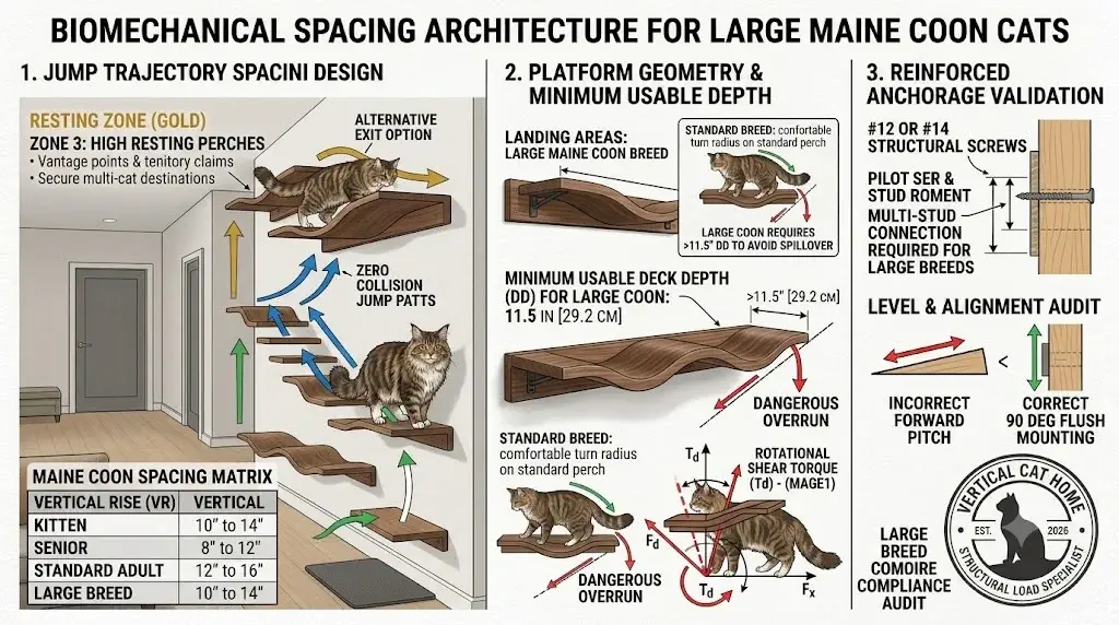 Engineering diagram showing shelf spacing and minimum usable depth requirements for large Maine Coon cats