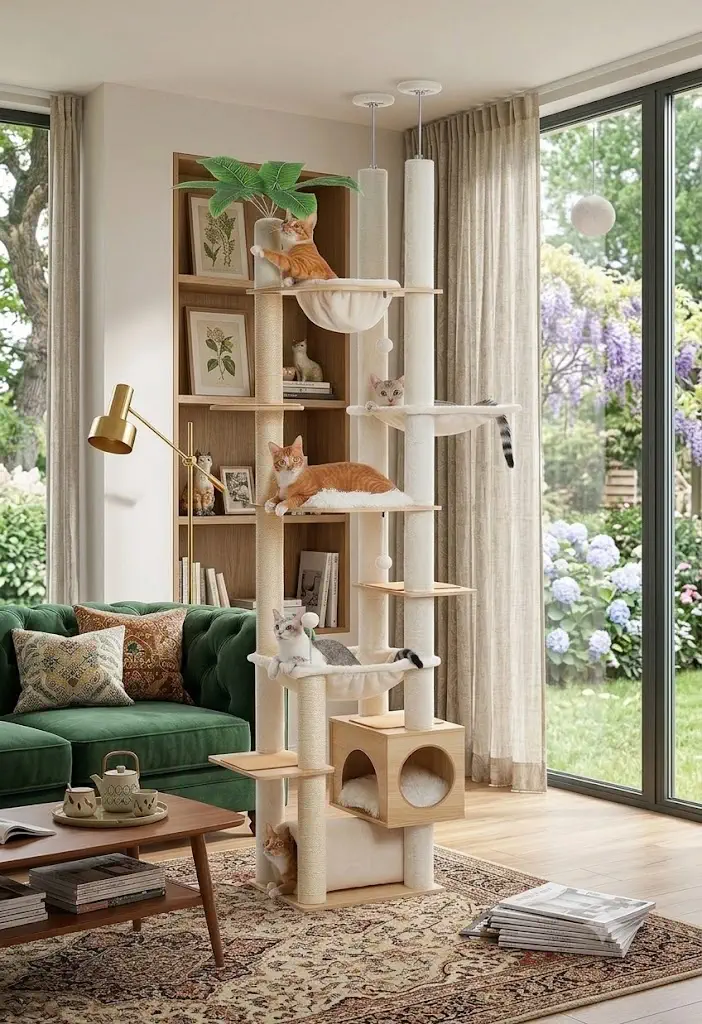 PETEPELA Floor to Ceiling Cat Tree with Hammock (Beige)