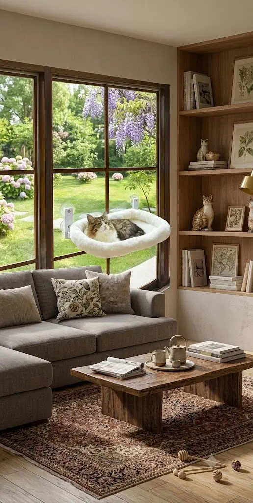 AMOSIJOY Cat Windowsill Perch with Wood & Metal Frame (21.7in)