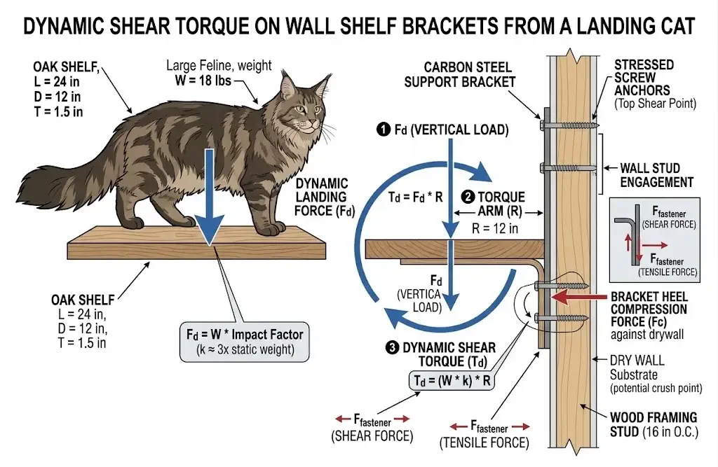 Engineering diagram showing dynamic shear torque on wall shelf brackets from a landing cat
