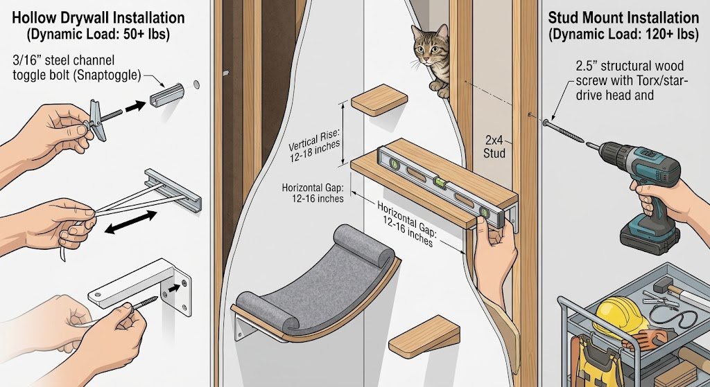 Cat wall shelf spacing and angles ergonomic layout