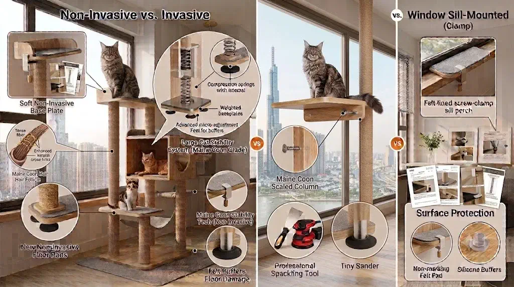 Renter-friendly freestanding cat tree and tension pole in modern apartment living room