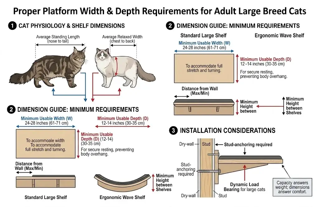 Diagram showing proper platform width and depth requirements for adult large breed cats
