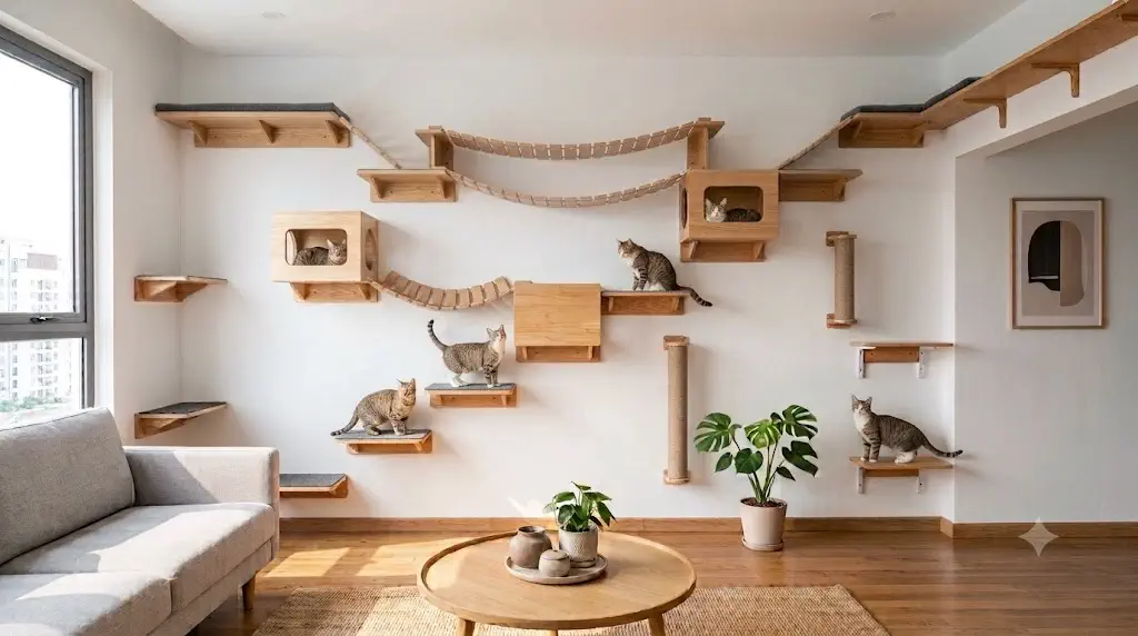 Cat wall shelf layout with staggered diagonal shelves and comfortable step spacing