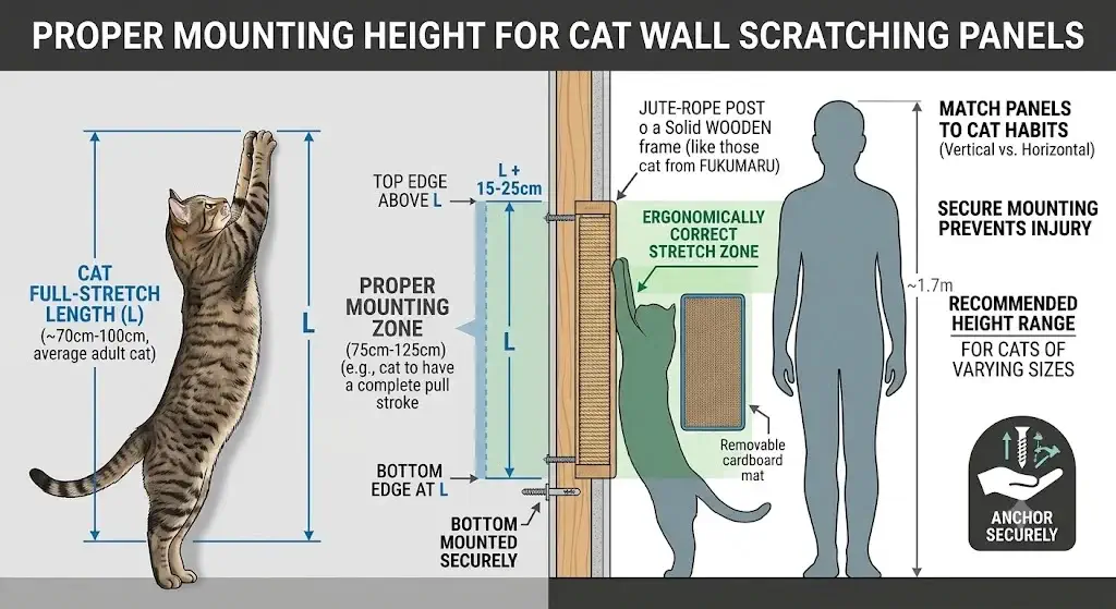 Diagram showing proper height mounting of wall scratching panels relative to adult cat stretch length