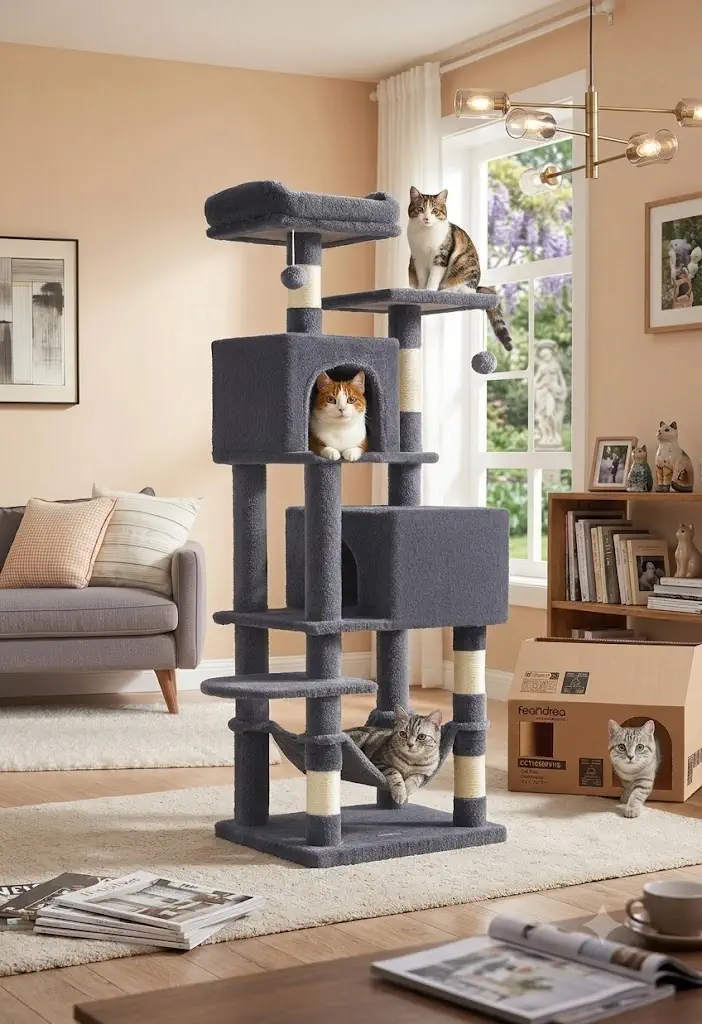 Feandrea Cat Tree, 59.5-Inch Tall Cat Tower (Smoky Gray)