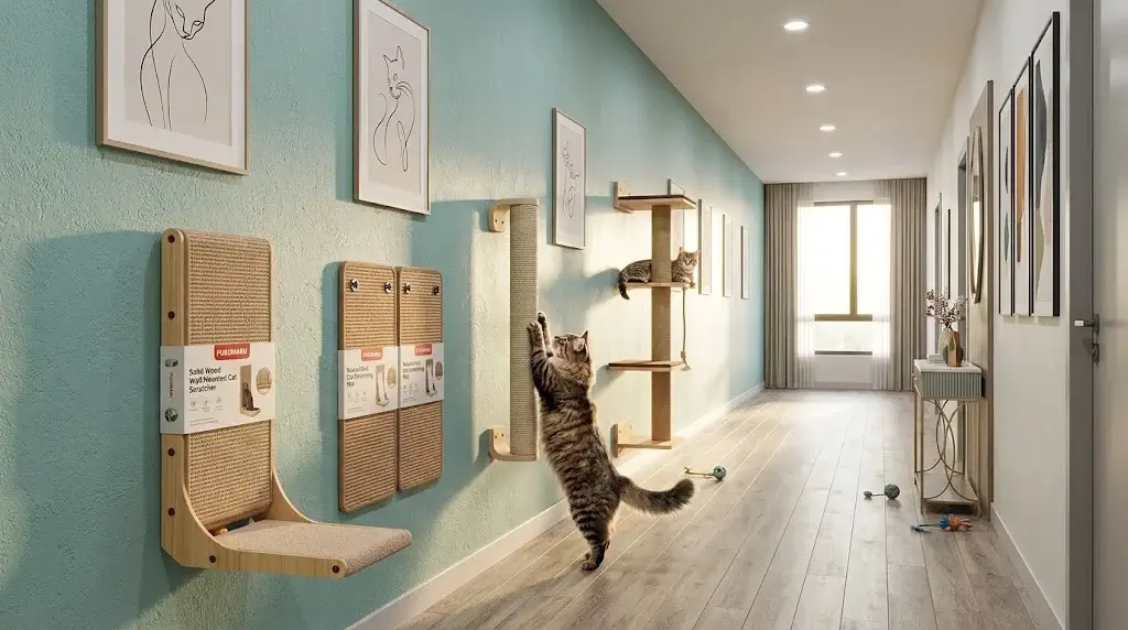 Best cat wall scratchers mounted securely along an apartment hallway