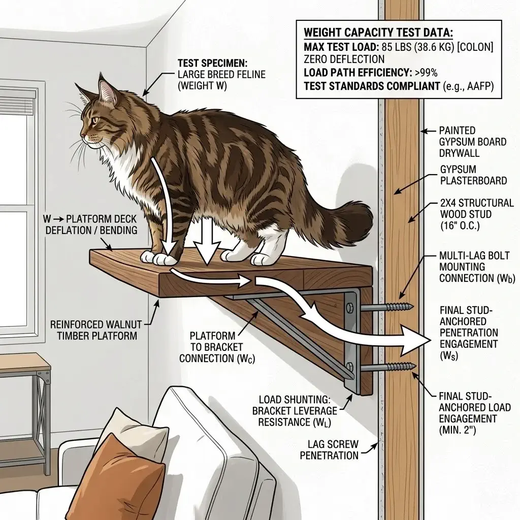 Cat wall furniture weight capacity testing showing load path from platform to wall studs