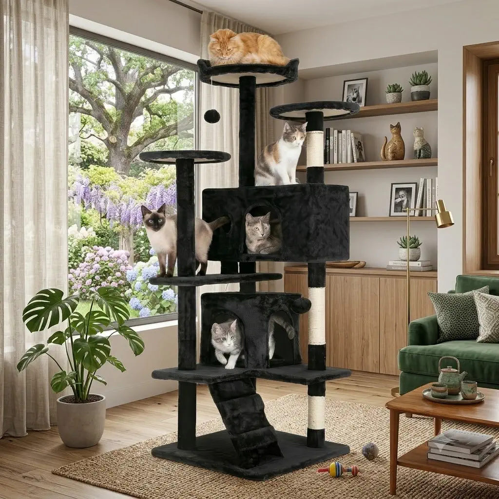 FDW 54" Cat Tree Tower with Sisal Scratching Posts & Dual Condos (Dark Gray)