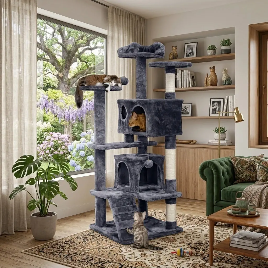 Yaheetech 54in Cat Tree Tower with 2 Caves & Kitten-Ear Perch (Dark Gray)