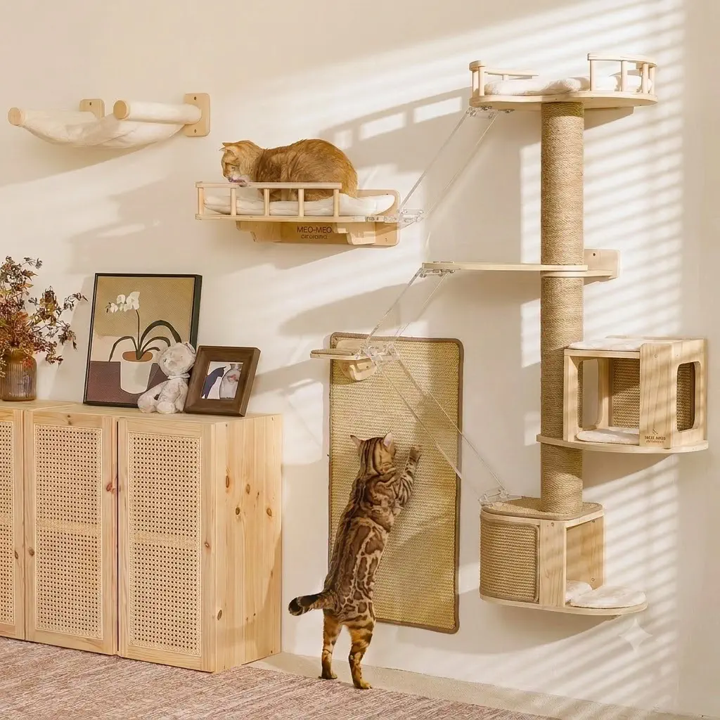 FUKUMARU Cat Wall Shelves, 4-in-1 Set with Climbing Tree (Beige)