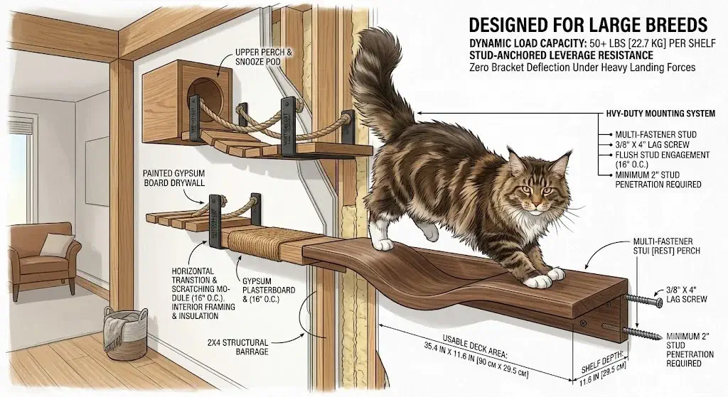 Heavy-duty cat wall furniture load-bearing system mounted into solid wall studs