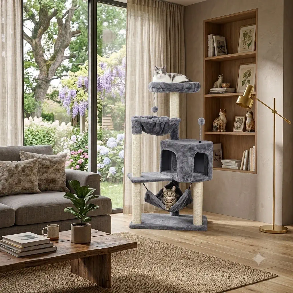 YUNIQUE 39.4" Cat Tree with Cat Condo & Big Hammock (Grey)