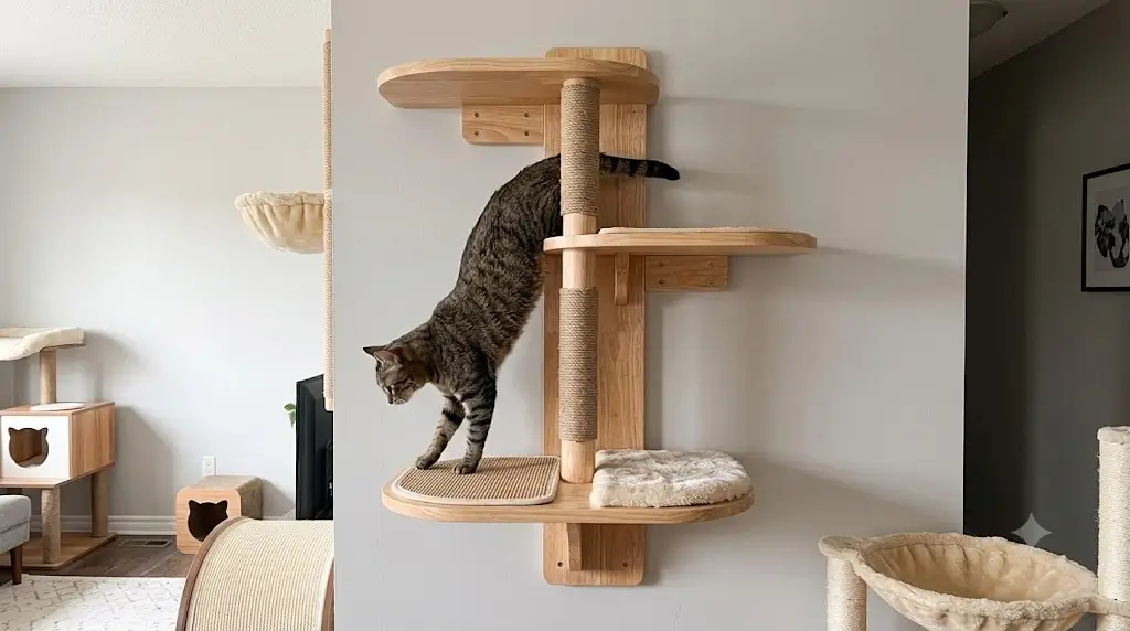 FUKUMARU Cat Wall Shelves 4 in 1 Set installed in a living room