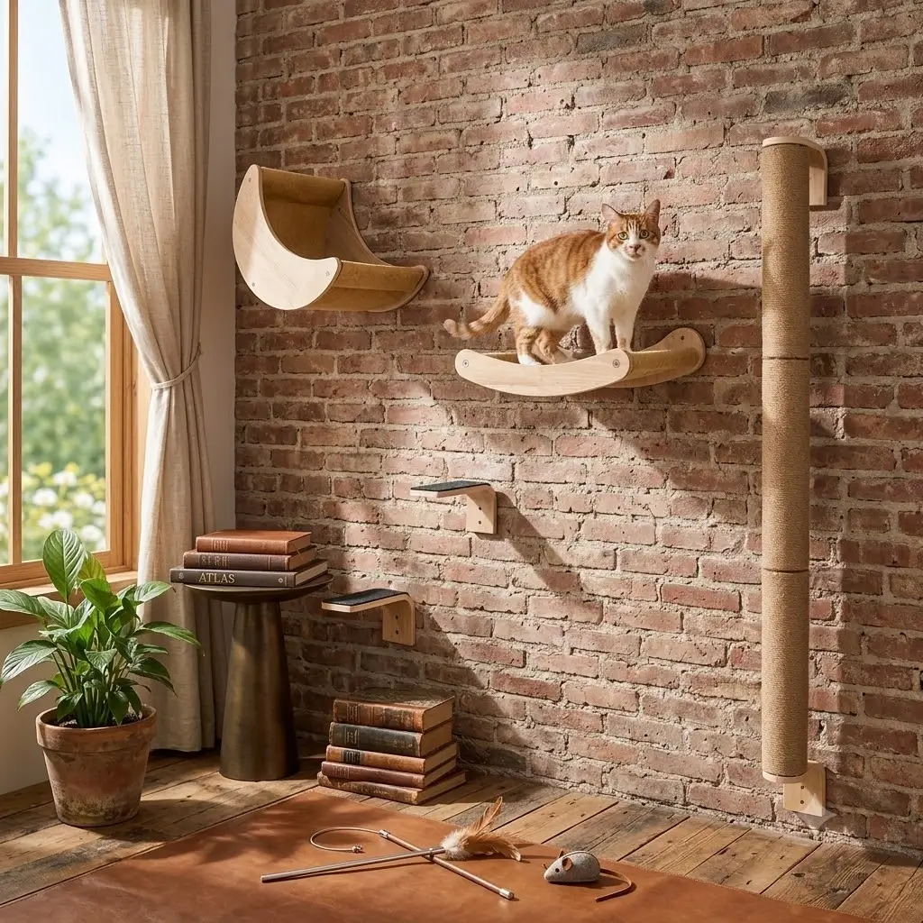 HAPYKITYS Cat Wall Shelves Set with 50" Post & Moon Bed