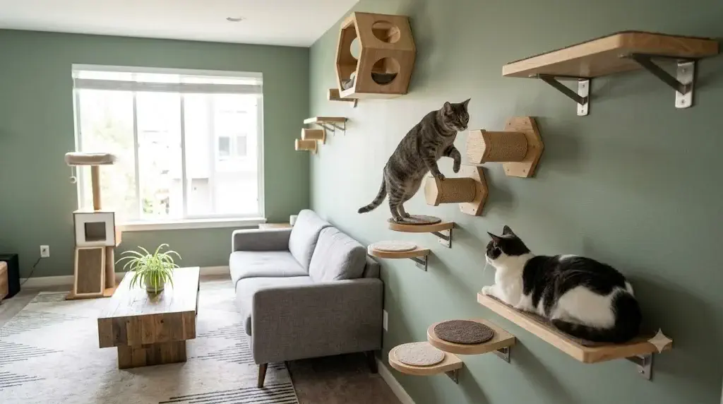 Best cat wall steps installed in staggered floating arrangement on living room wall