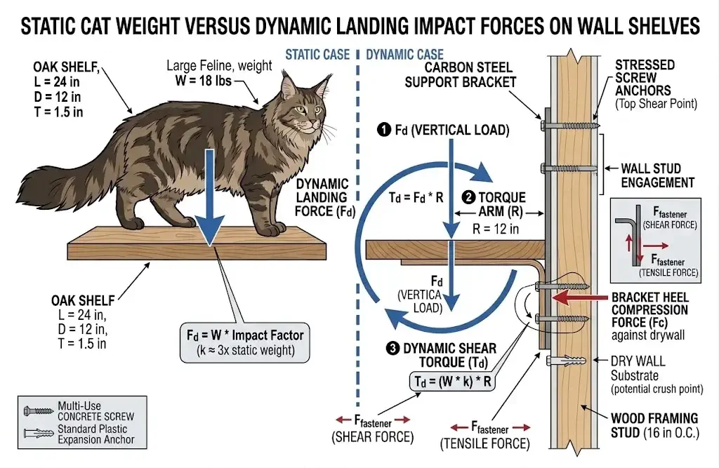 Diagram showing static cat weight versus dynamic landing impact forces on wall shelves