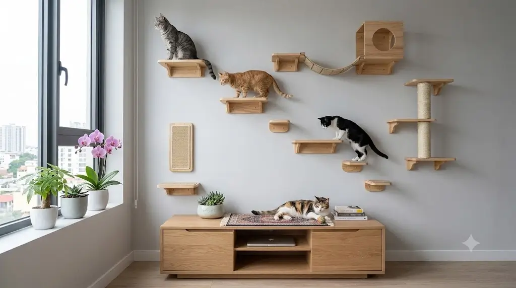 Compact modern apartment living room with shallow cat wall shelves mounted above a low desk