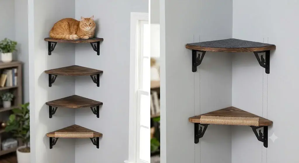 Best corner cat wall shelves installed in a 90-degree room corner with dual wall stud anchoring