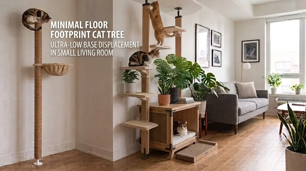 Minimal floor footprint cat tree with low base displacement in small living room