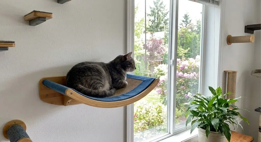 Walnut Floating Cat Furniture with Bed and Steps setup