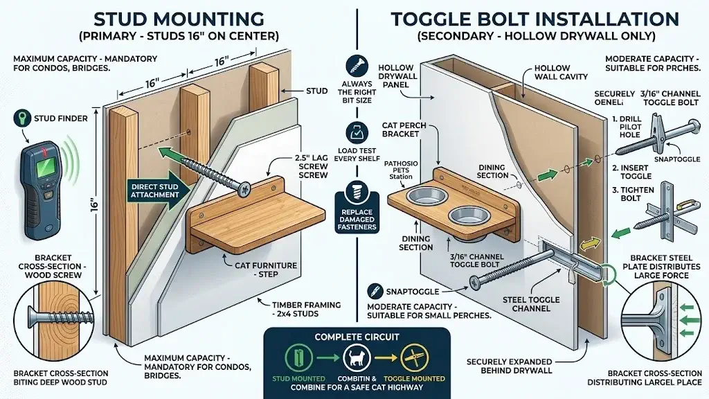 Cat wall furniture stud mounting and toggle bolt installation diagram