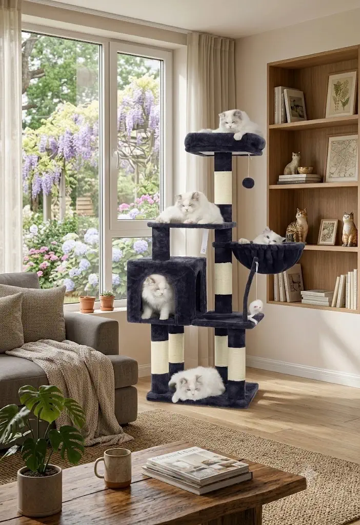 Heybly 43.3-Inch Cat Tree Tower with Padded Perch & Hammock (Smoky Gray)