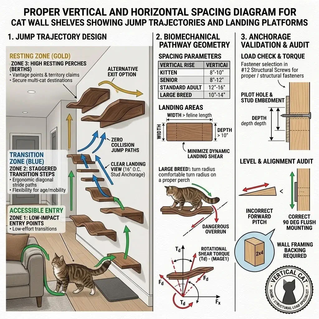 Proper vertical and horizontal spacing diagram for cat wall shelves showing jump trajectories and landing platforms