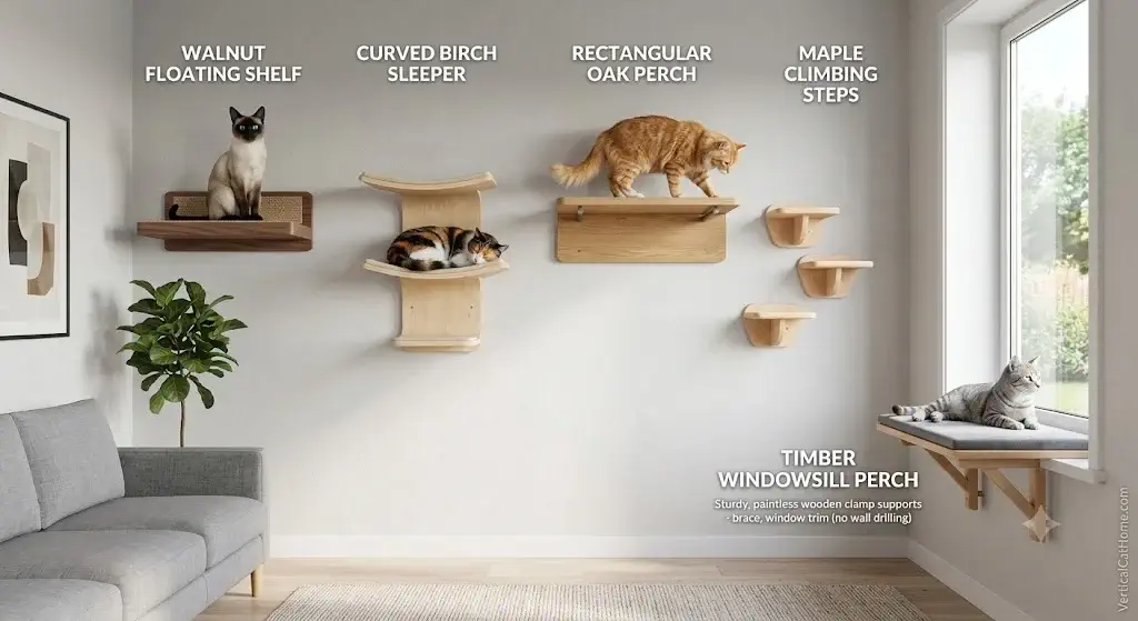 Best natural wooden cat wall shelves and windowsill timber perches mounted in modern living room