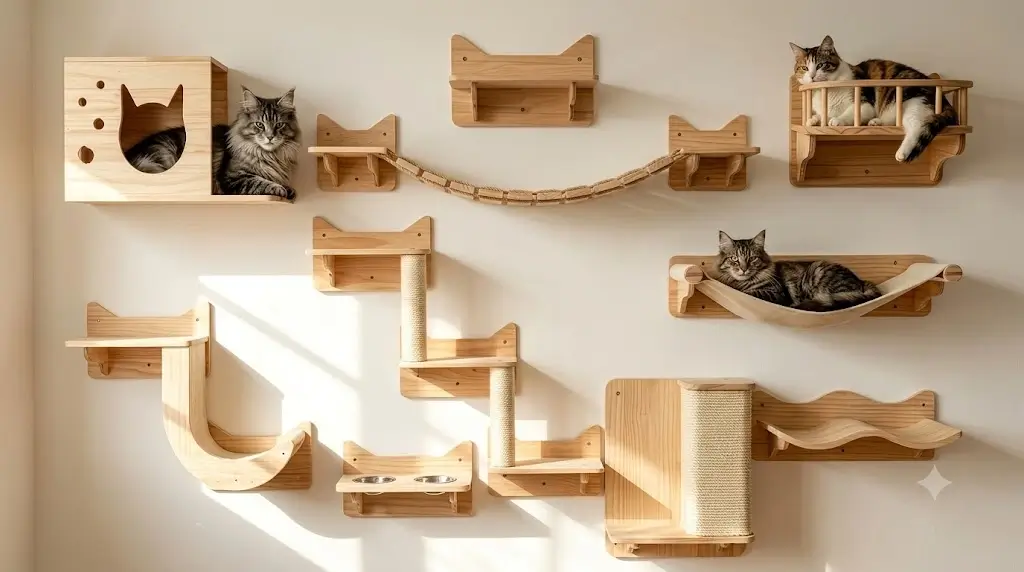 MIUZMORE 9-Piece cat wall furniture set installed across a living room wall