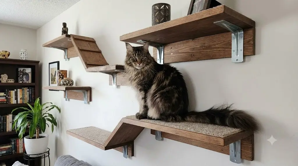 Heavy duty cat wall shelves installed into wall studs supporting a large Maine Coon cat