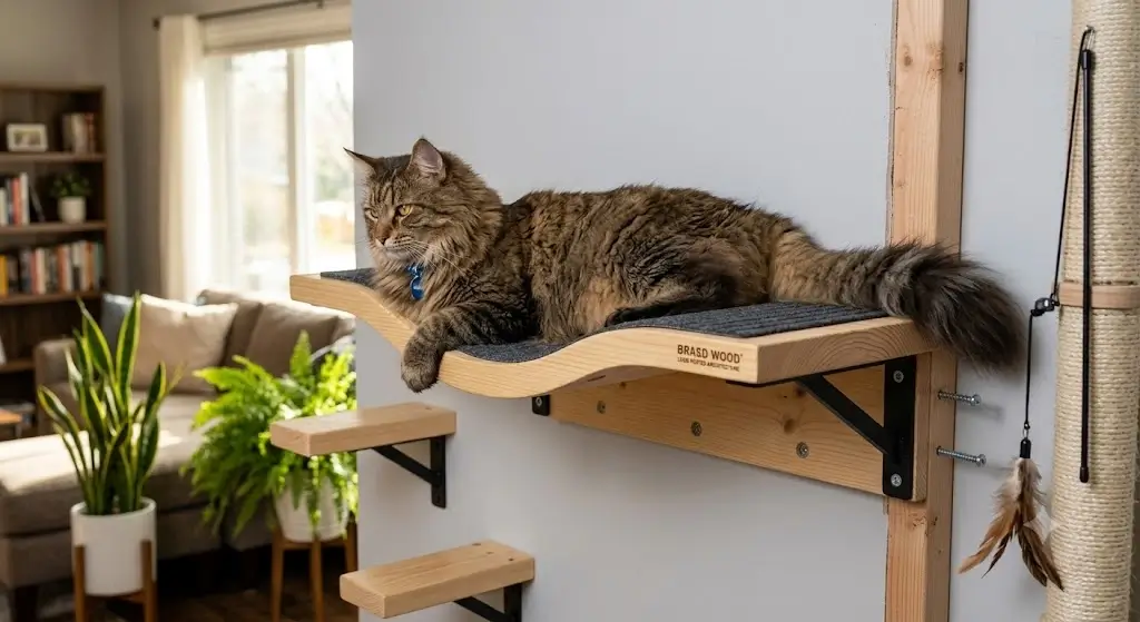 Heavy duty cat wall shelves installed into wall studs supporting a large Maine Coon cat