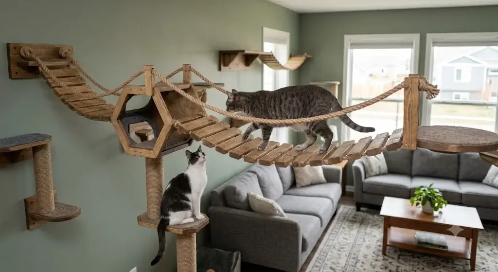 Best cat wall bridges installed on living room wall connecting vertical climbing perches