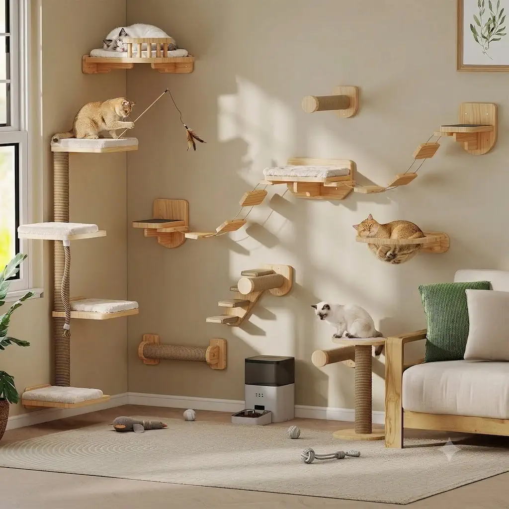 BYBYME 12-PCS Cat Wall Shelves, Pine System with Space Capsule