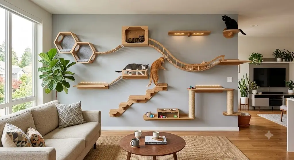 Best cat wall shelves mounted in a modern living room featuring modular wooden climbing bridges and resting perches