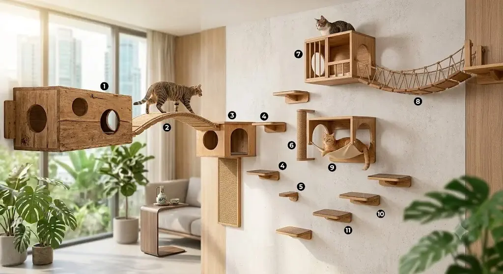 Best wall-mounted cat furniture layout with shelves bridges and condos