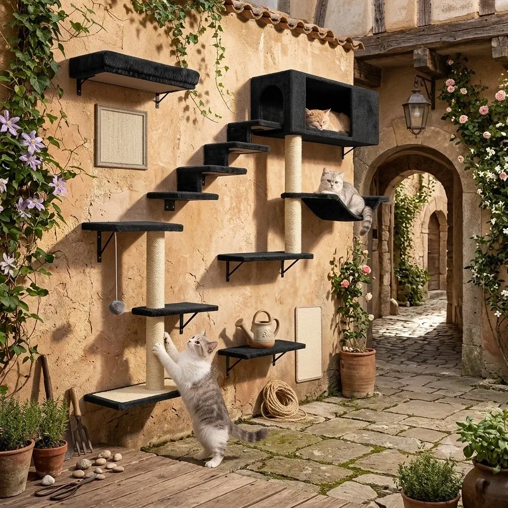 Fopetfy Cat Wall Shelves, Stable & Safe 6-in-1 Set (Black)