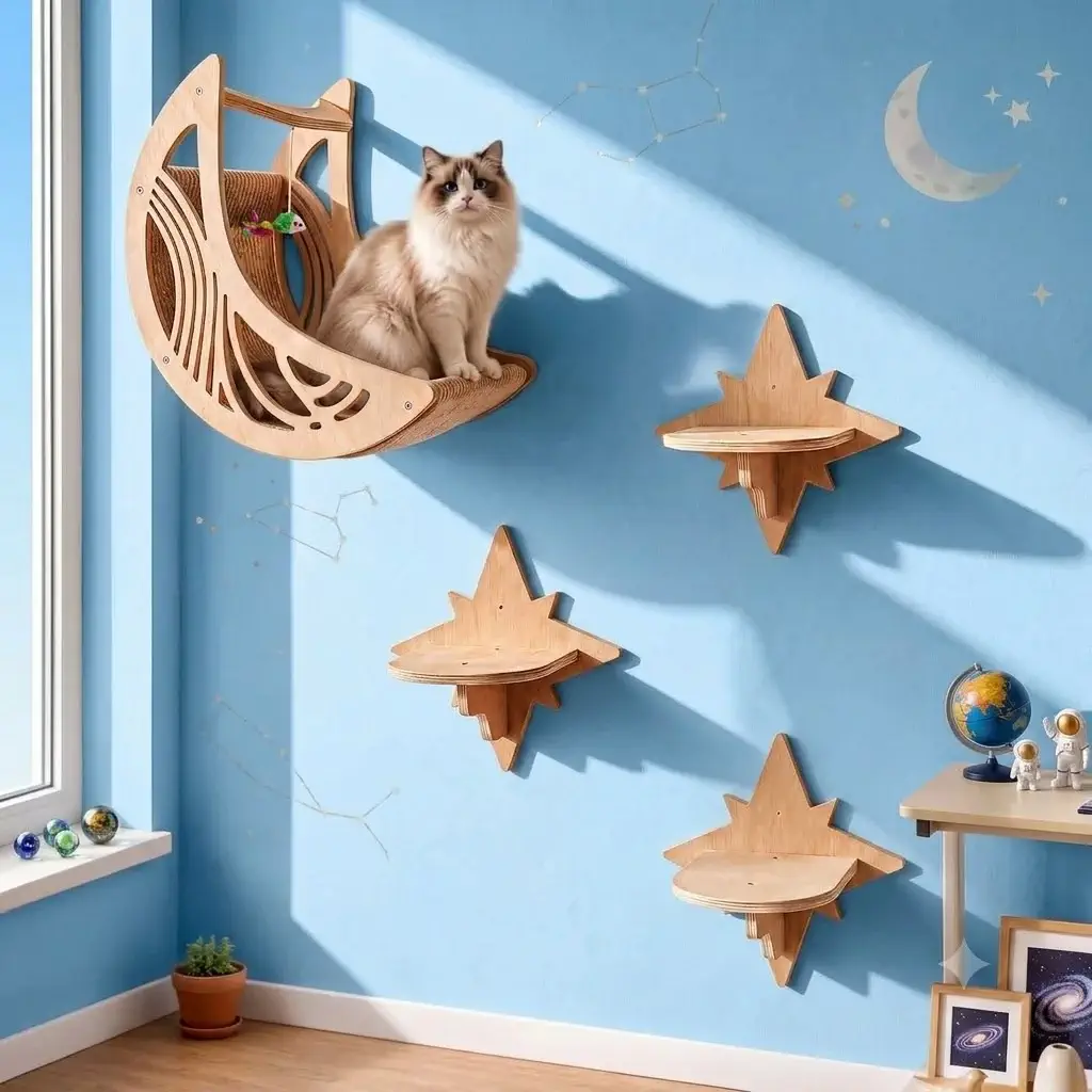 Catails Moon & Star Cat Wall Shelves (Pre-Drilled Wooden Climbing System)