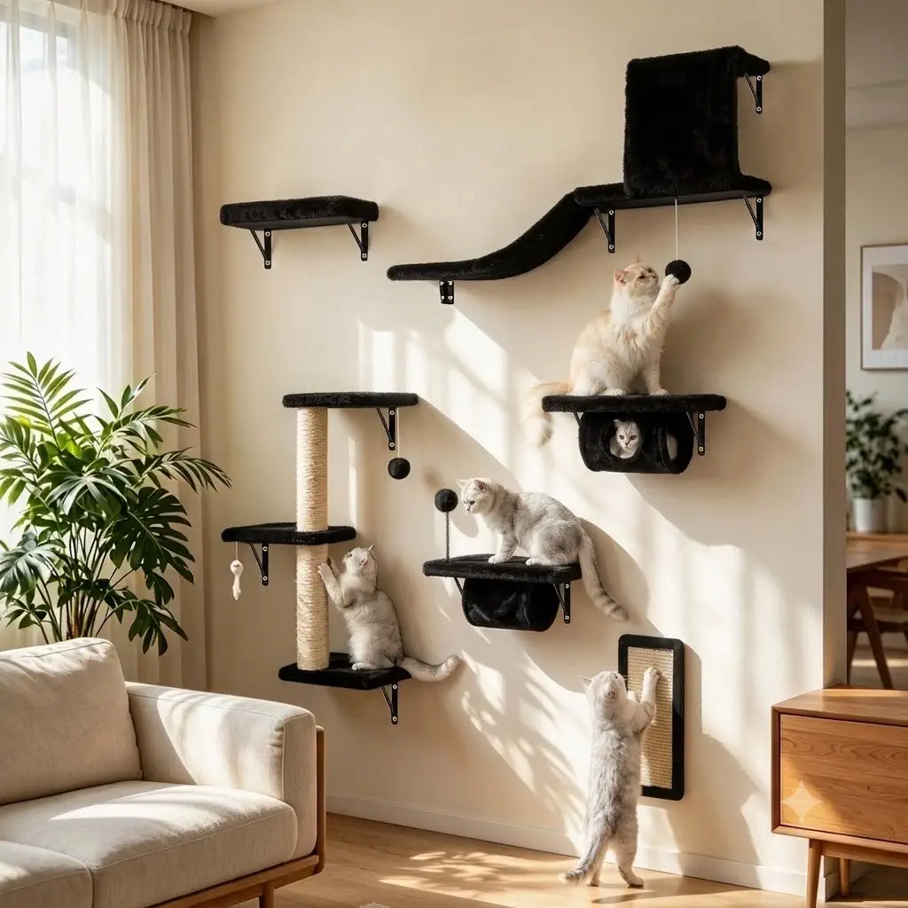 ANWA 6-in-1 Cat Wall Shelves Set, Wooden Cat Climber (Black)
