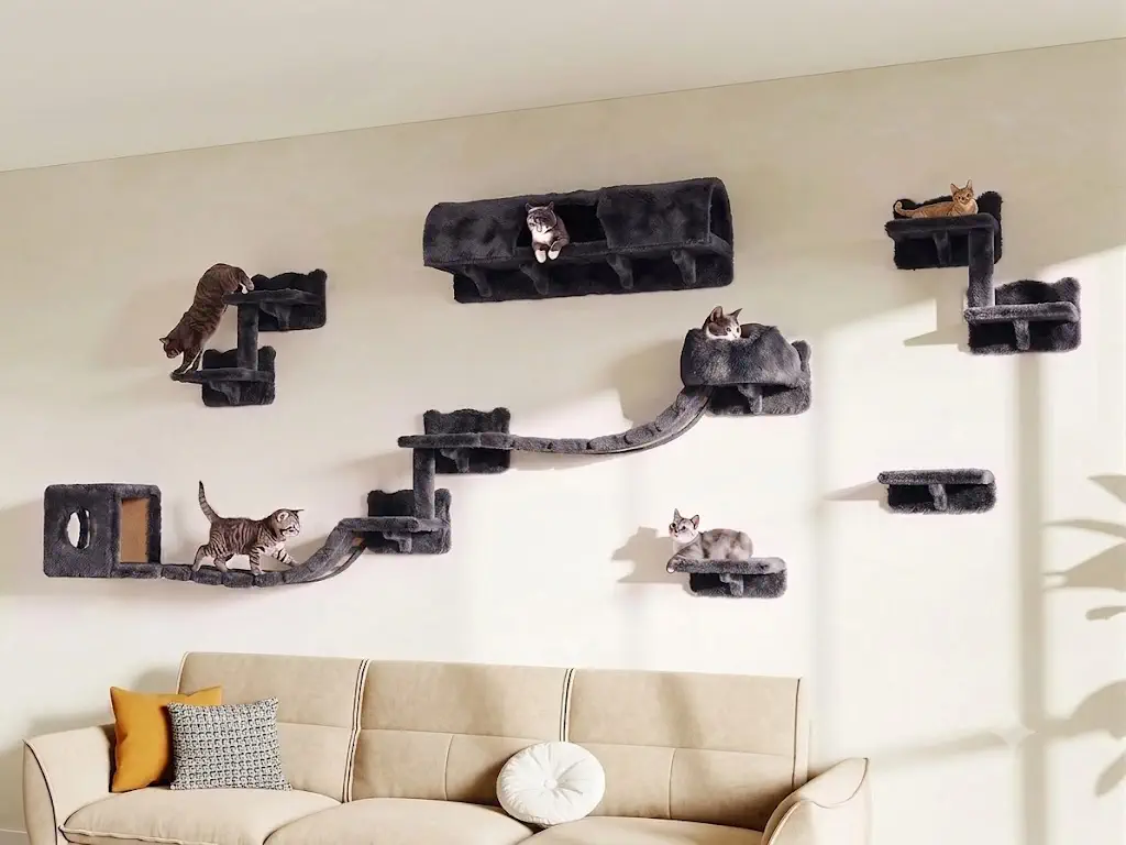 Homiflex 16-in-1 Cat Wall Shelves with Tunnel & Bridge (Grey)