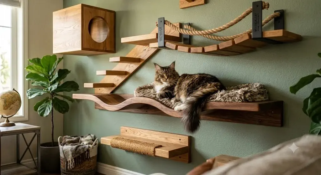 Heavy-duty cat wall furniture supporting a large Maine Coon cat on solid wood shelves