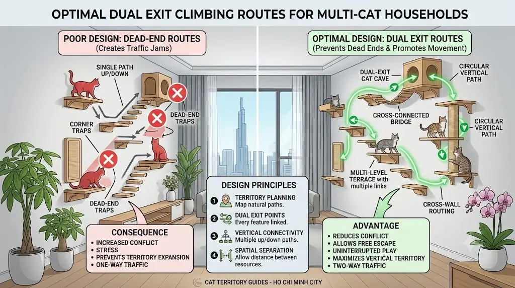 Diagram showing optimal dual exit climbing routes for multi-cat households using the best cat wall shelves