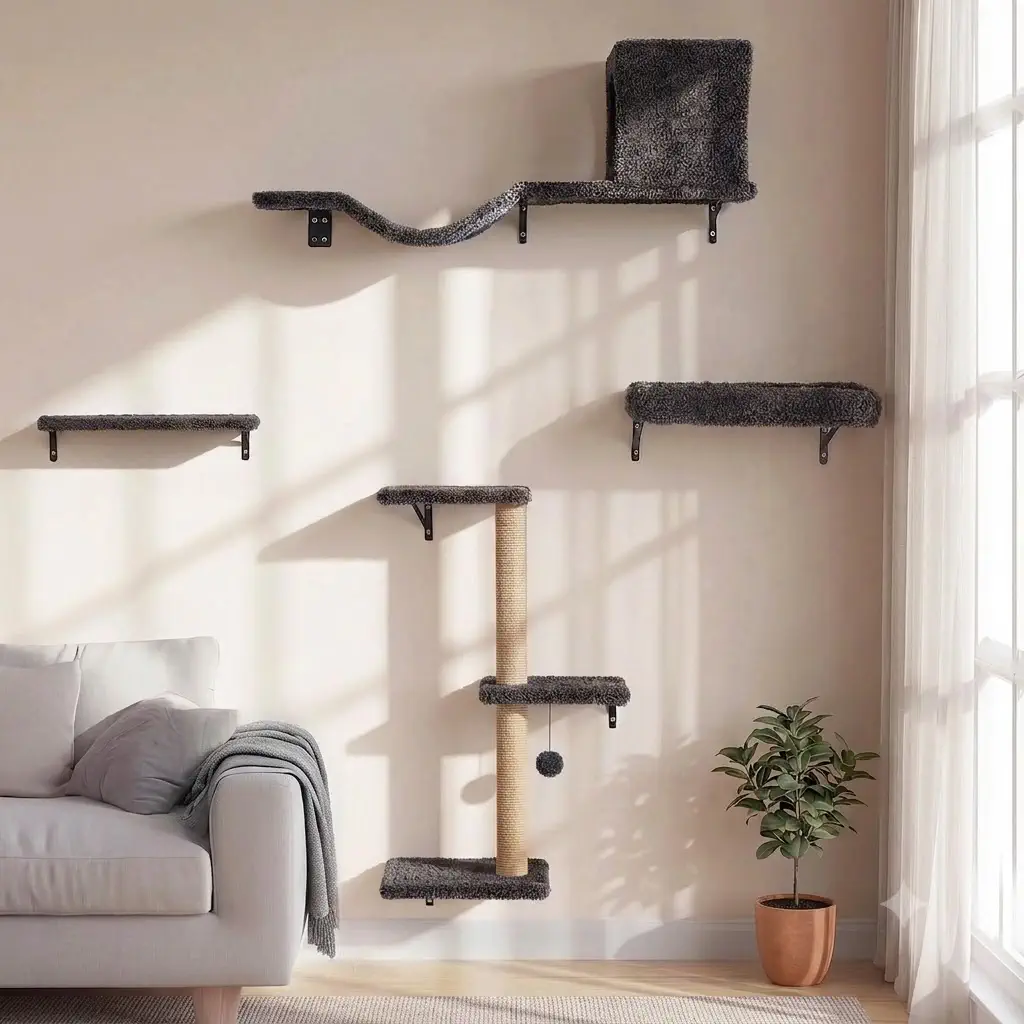 FUKUMARU Cat Wall Shelves, 4-in-1 Set (Grey)