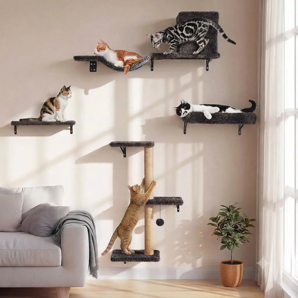 FUKUMARU Cat Wall Shelves, 4 in 1 Set (Grey for 16" Drywall)