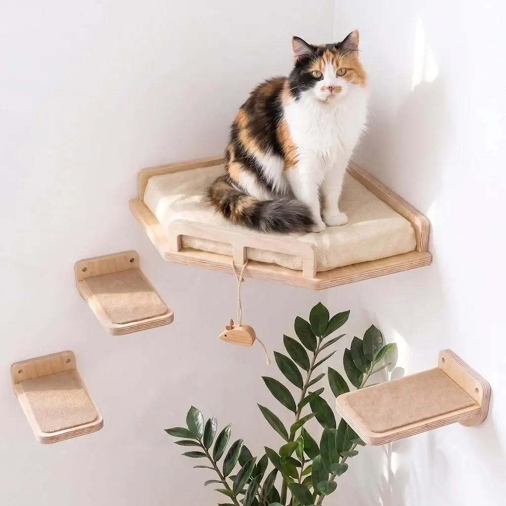 INICIO Cat Wall Shelves and Steps 4-Piece Birch Set