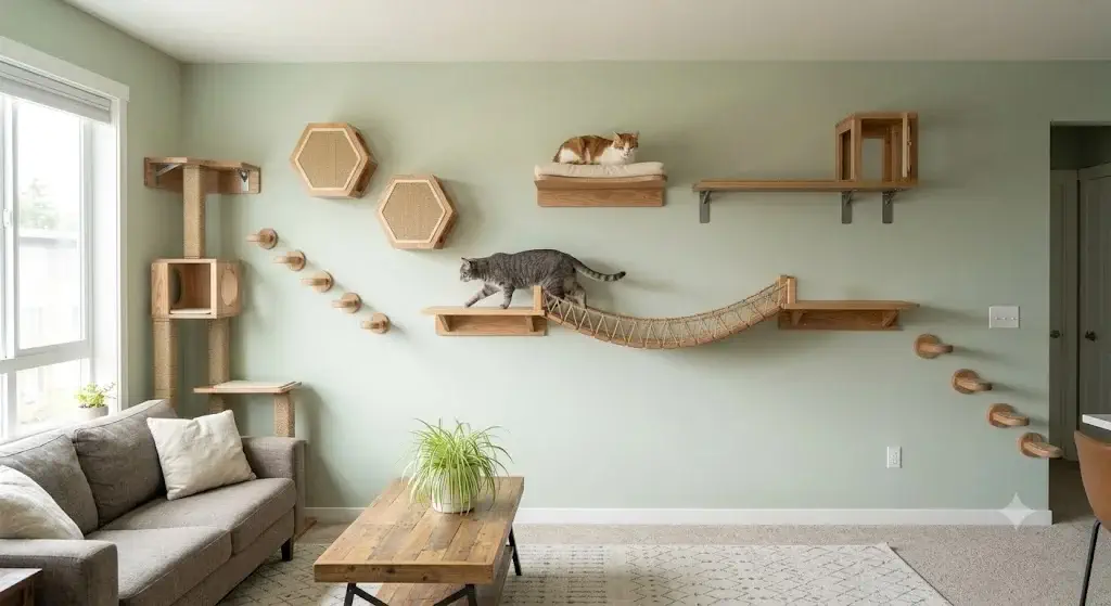 Continuous cat wall highway layout showing connected shelves bridges and steps in a living room