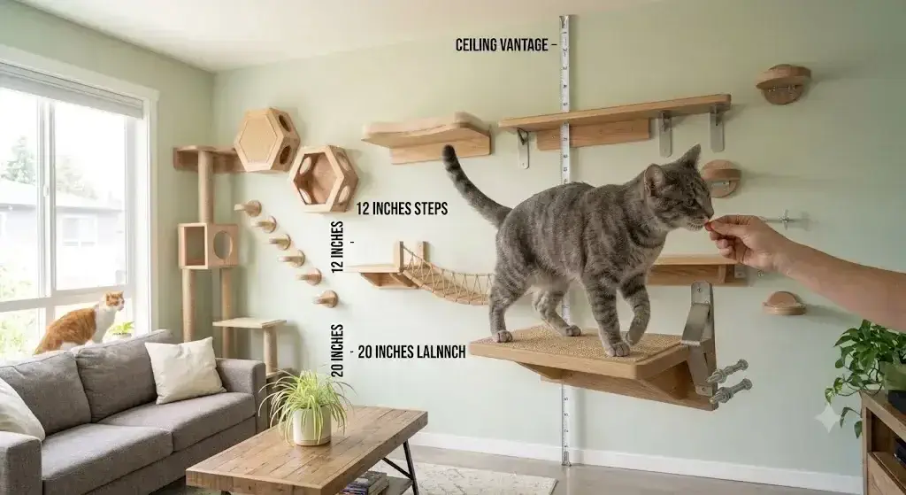 Cat window perch vs wall shelf comparison showing glass suction hammock and wooden wall mounted perch