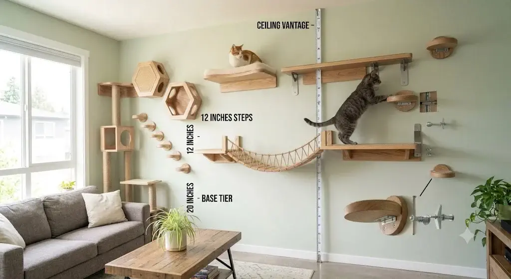 Cat wall shelves installed at measured vertical heights from floor to ceiling in a living room