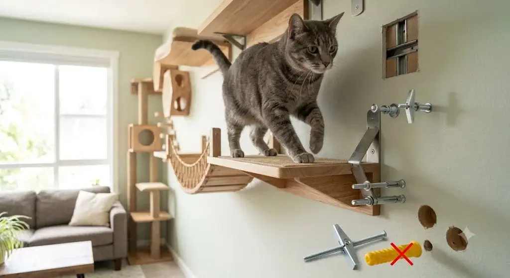 Cat wall shelves installed without studs using heavy-duty steel toggle bolts in drywall